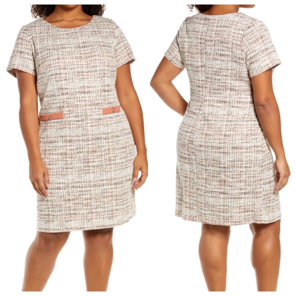 connected apparel : size 8 petite : preppy casual tweed pocket detail midi-dress